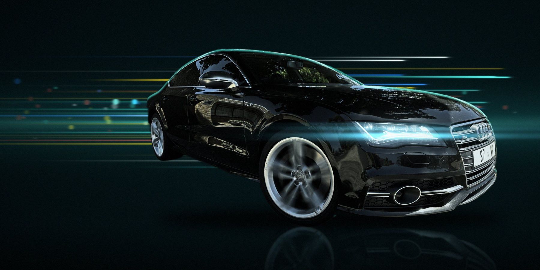 Edrich's black Audi S7 Sportback, re-lit as a night shot on wet tarmac, wheels spinning and headlight glowing against streaks of cyan, yellow and red light